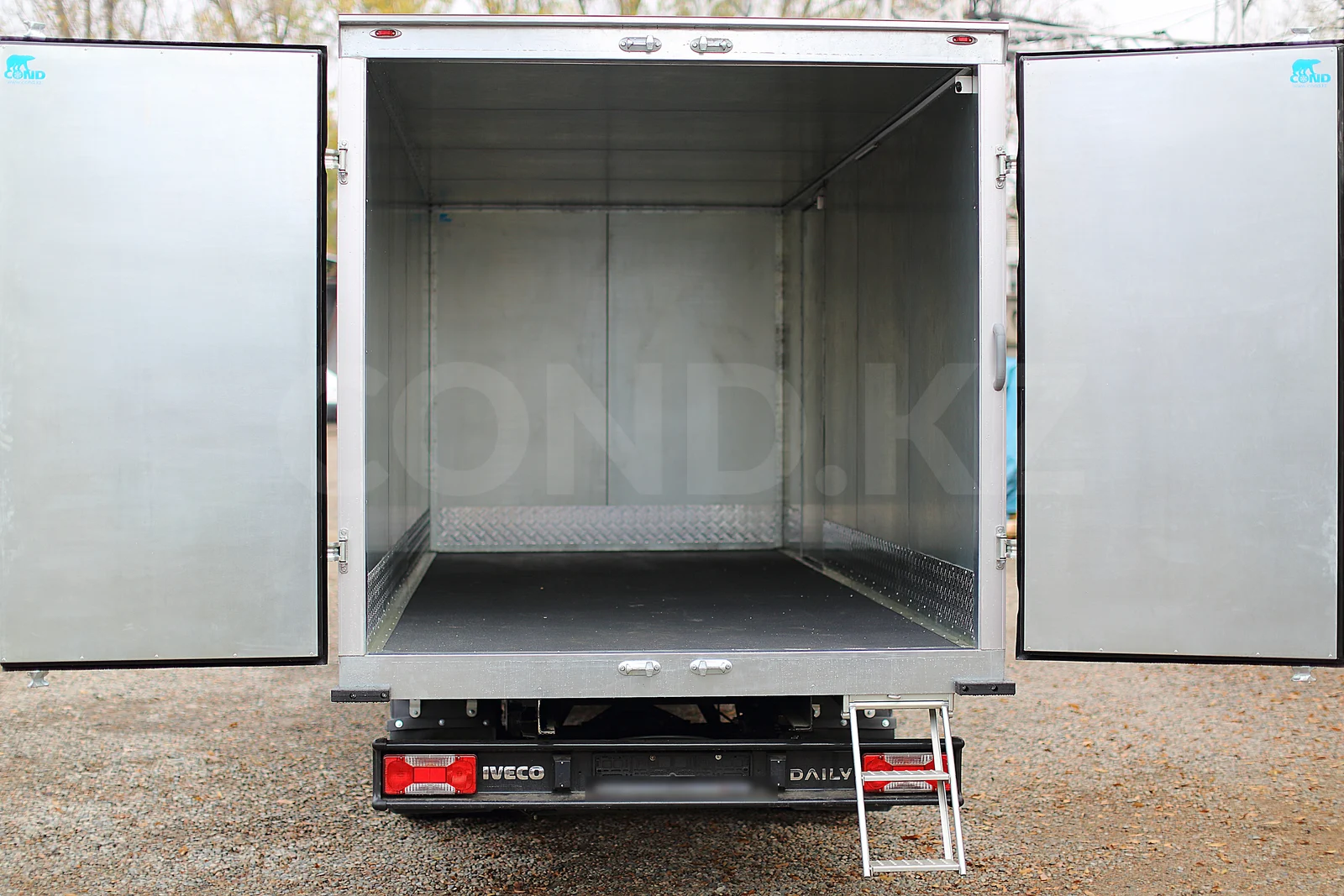 Iveco Daily 50C15 van Kazakhstan — doors open: the body inside, the folding ladder — COND